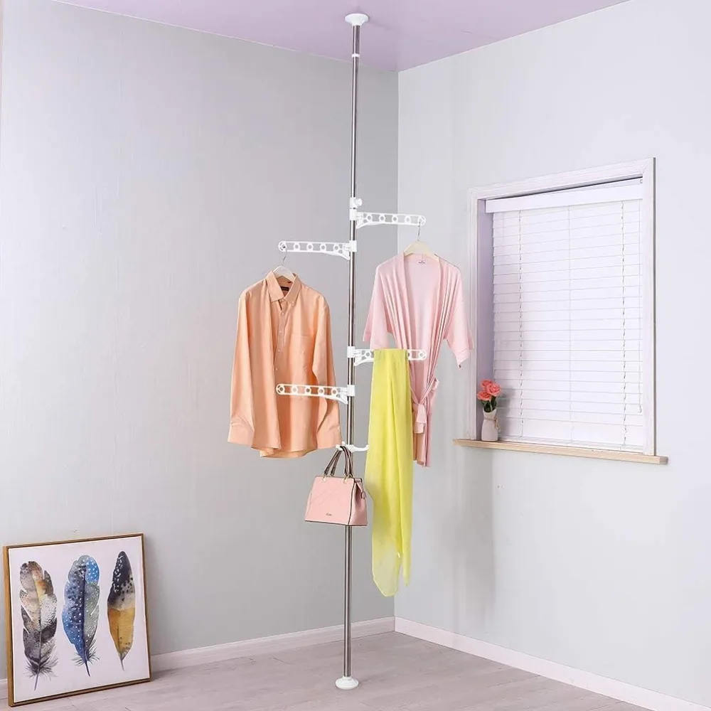 

BAOYOUNI Telescopic Laundry Tension Pole Corner Clothes Hanging Drying Rack Floor to Ceiling Jacket Coat Hanger Garment