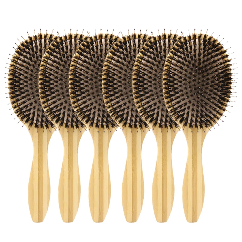 Boar Bristle Hair Brush Customized Logo Bamboo Hairbrush Wholesale Curly Airbag Scalp Comb Hair Beauty Care Salon Tool 6pc/set