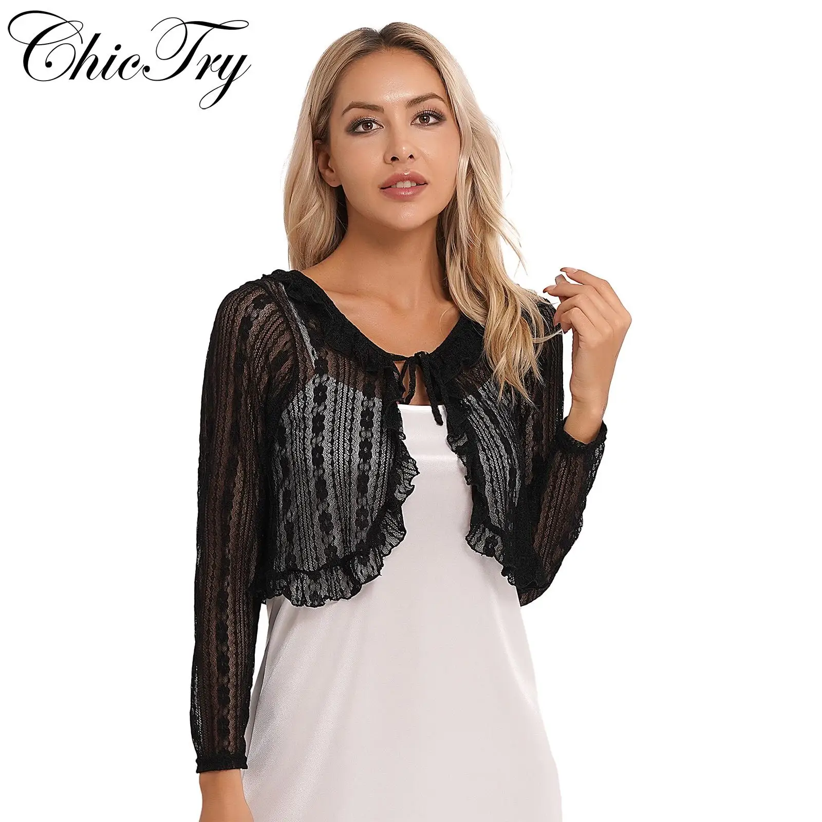 

Womens Fashion Cardigan See Through Lace Summer Lace-up Long Sleeve Bolero Shrug Crop Top Female Jacket Cover Tops for Dress