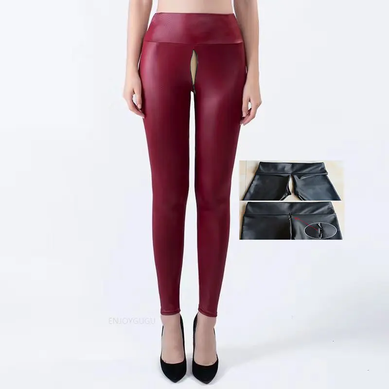 Faux Leather Pants Lady Invisible Open-Seat Pants Sexy Leggings Outdoor Sex Zipper High Waist Skinny Pants Women's Clothing Plus