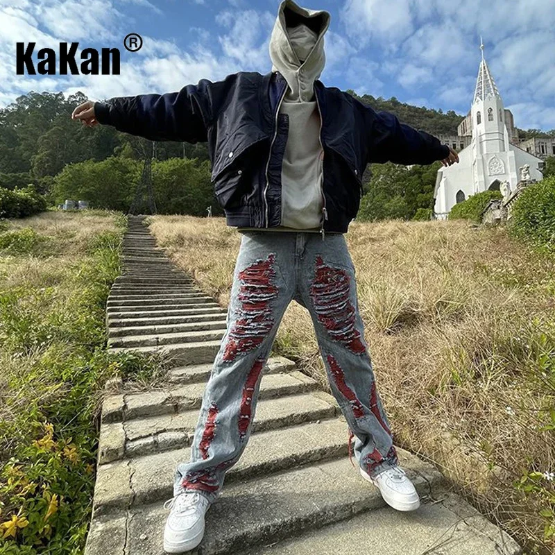 Kakan - New European and American Hip-hop Ripped and Brushed Jeans for Menheavy Embroidered Loose Straight Length Jeans 27-90B17