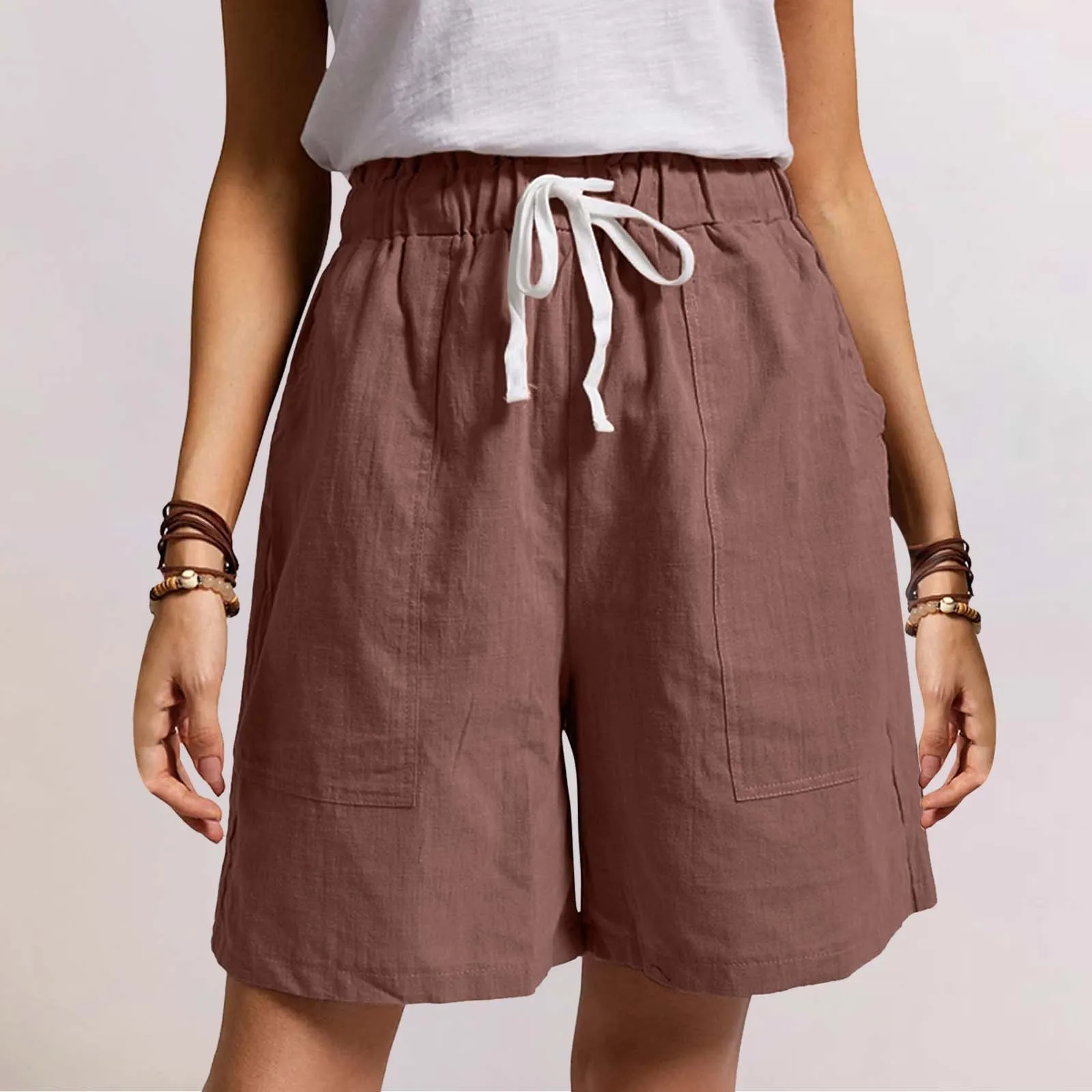 2023 Ladies Casual Cotton Linen Shorts Women Summer Solid High Waist