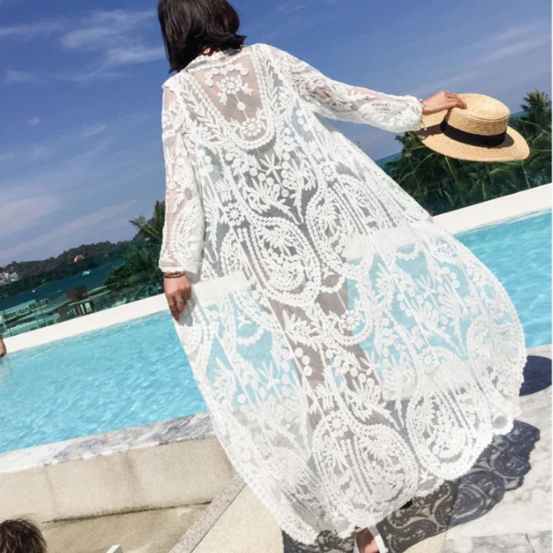 2024 Dress Beach White Lace Summer Maxi Dress Women Long Sleeve Beach Cover  Up Sexy See Through Boho Bikini Beachwear Cover-ups
