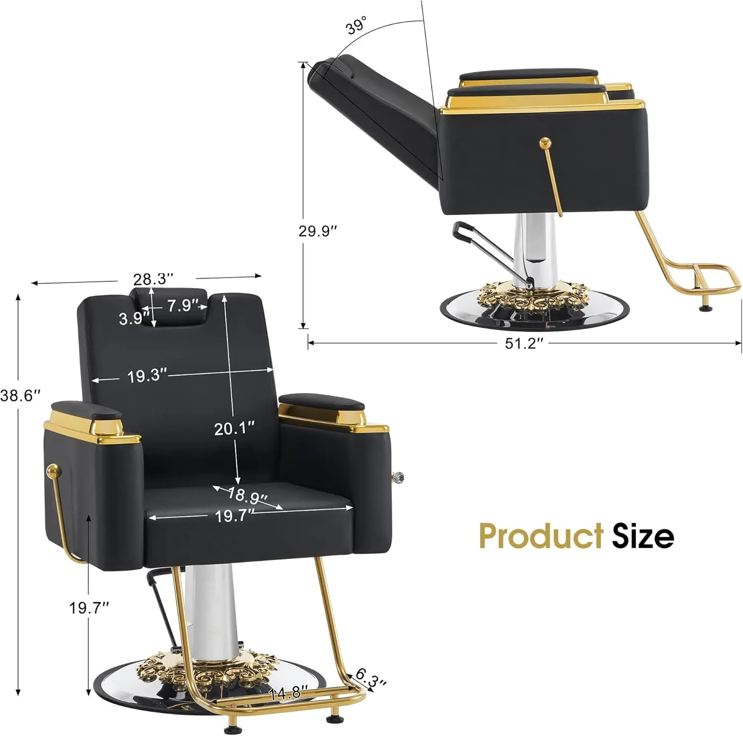 Luxurious Barber Chair with Heavy-Duty Hydraulic Pump, Adjustable Reclining Salon Chair for Hair Stylist, Gold&Black Styling