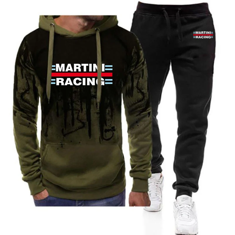 

2023 New Men's Martini Racing Printing Fashion Pullover Street Gradient High Quality Hoodies + Casual Sweatpant 2-Piece Set Suit