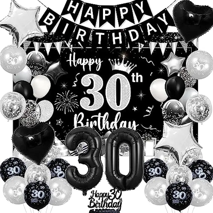 

Black Silver 30th Birthday Party Decorations, Happy 30th Birthday Banner, Confetti Balloons for 30 Years, Men and Women