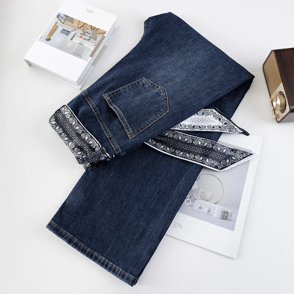 XXXXL Fashion Plus Size Women's Straight Leg Jeans 2025 Autumn Silk Belt Stretched Denim High Waisted Full Length Pants 2536