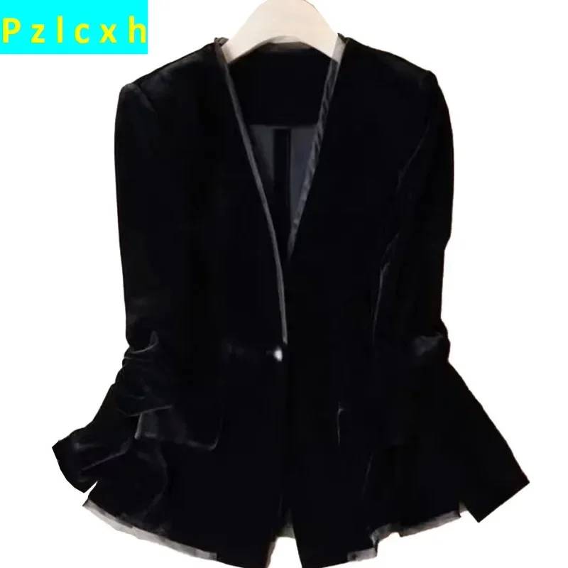 2023 New Women's Slim Gold Velvet Suit Blazer Spring Autumn Casual Long Sleeve Jacket Office Commute Business Elegant Tops