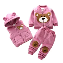 Cozy Fleece Cartoon Bear Jacket Vest & Pants Set for Kids - Warm Autumn Winter Outfit (Pink)