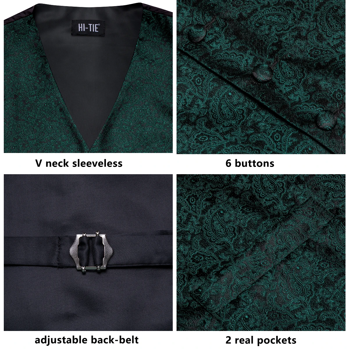 Hi-Tie Dark Green Men's Vests Tie Set Silk Paisley Jacquard Waistcoat Jacket Necktie Hanky Cufflinks Wedding Formal Party Gifts 6