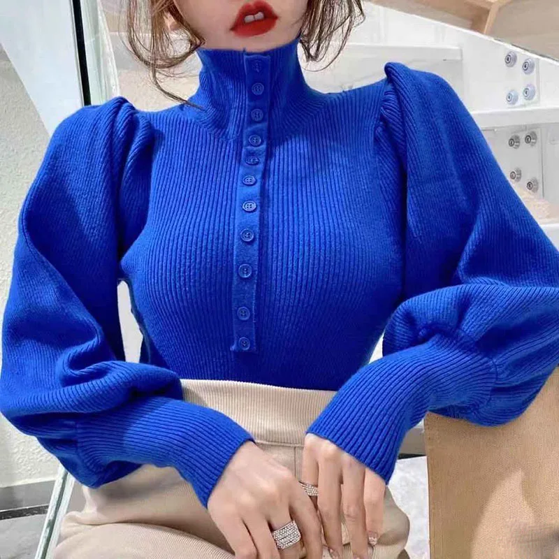 

Fashion Puff Sleeve Sweater Pullover Women Buttons Blue Turtleneck Sweaters and Jumpers Woman Slim Fit Knit Tops