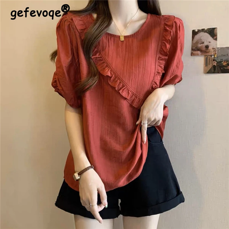 

Women Clothing Trendy Korean Style Ruffle Chic Sweet Blouses Summer Casual Round Neck Shirts Solid Loose Tops Short Sleeve Blusa