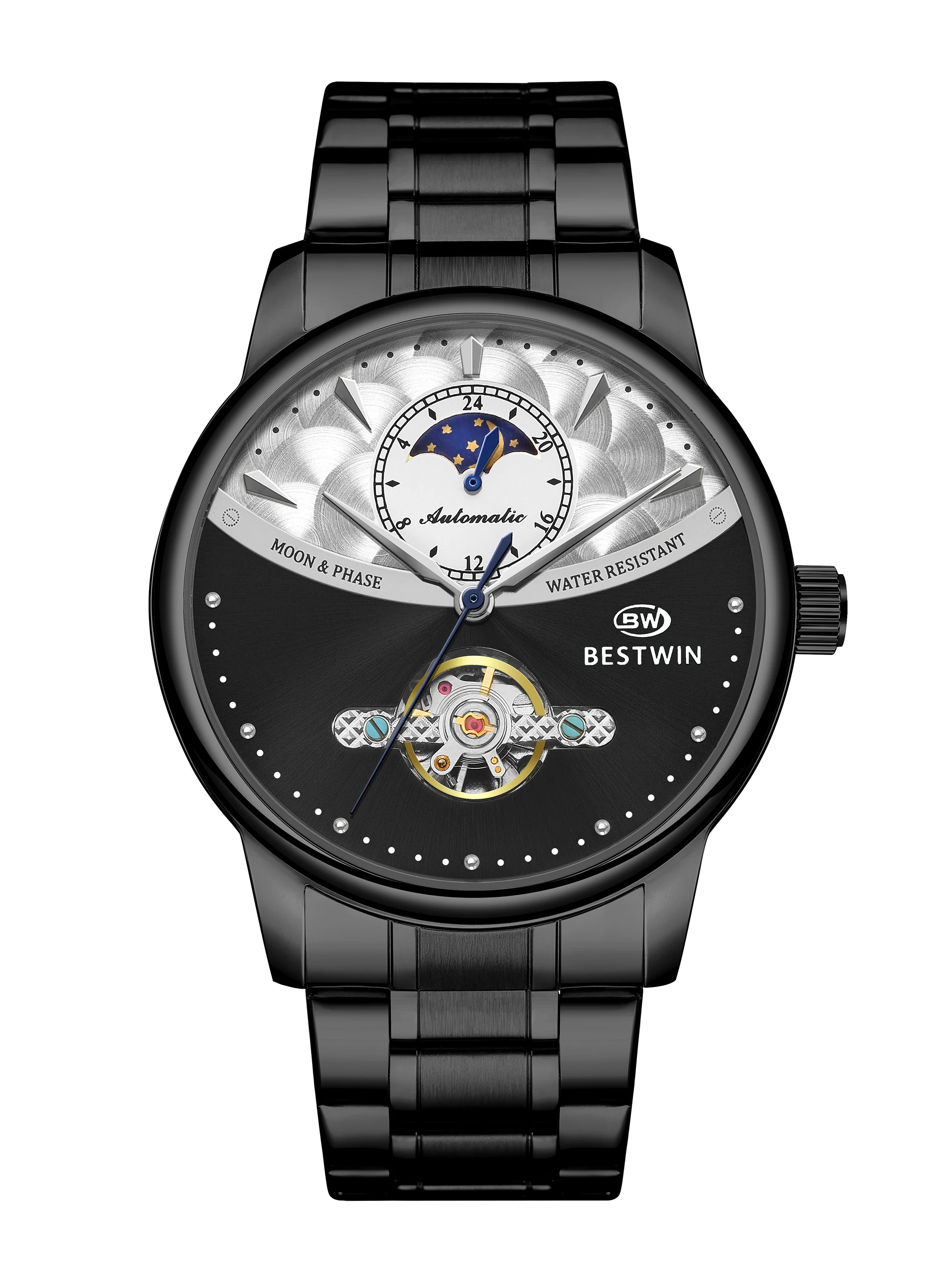 Top Men Watch Automatic Mechanical Tourbillon Sun Moon Clock White Business Stainless Steel Band Wristwatch Relojes Hombre 2023