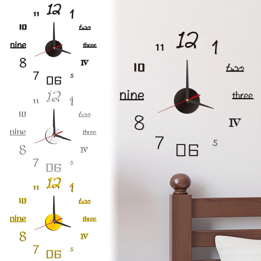 Creative 3D Wall Clock Acrylic Mirror Wall Sticker Silent Clock For DIY