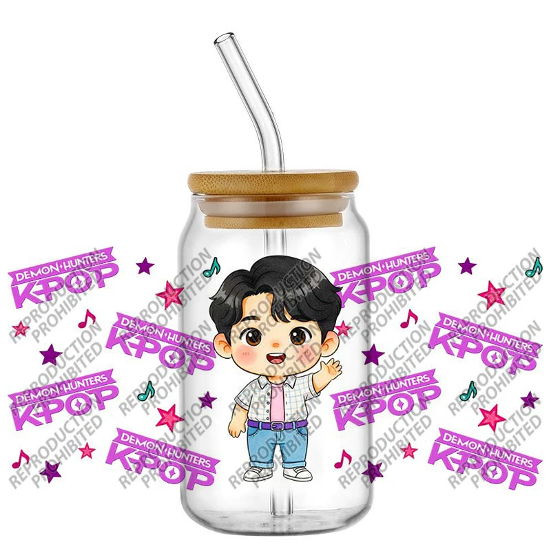 Adesivos decorativos 3D UV DTF para copos de 16oz, com design do popular personagem de desenho animado K-POP Hunter, fáceis de aplicar, à prova d'água, para decoração DIY.