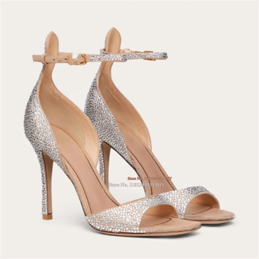 

Crystal Tan-Go Thin High Heel Sandals Women Diamond Suede Leather Buckle Designer Women's Embellished Summer Party Dress Shoes