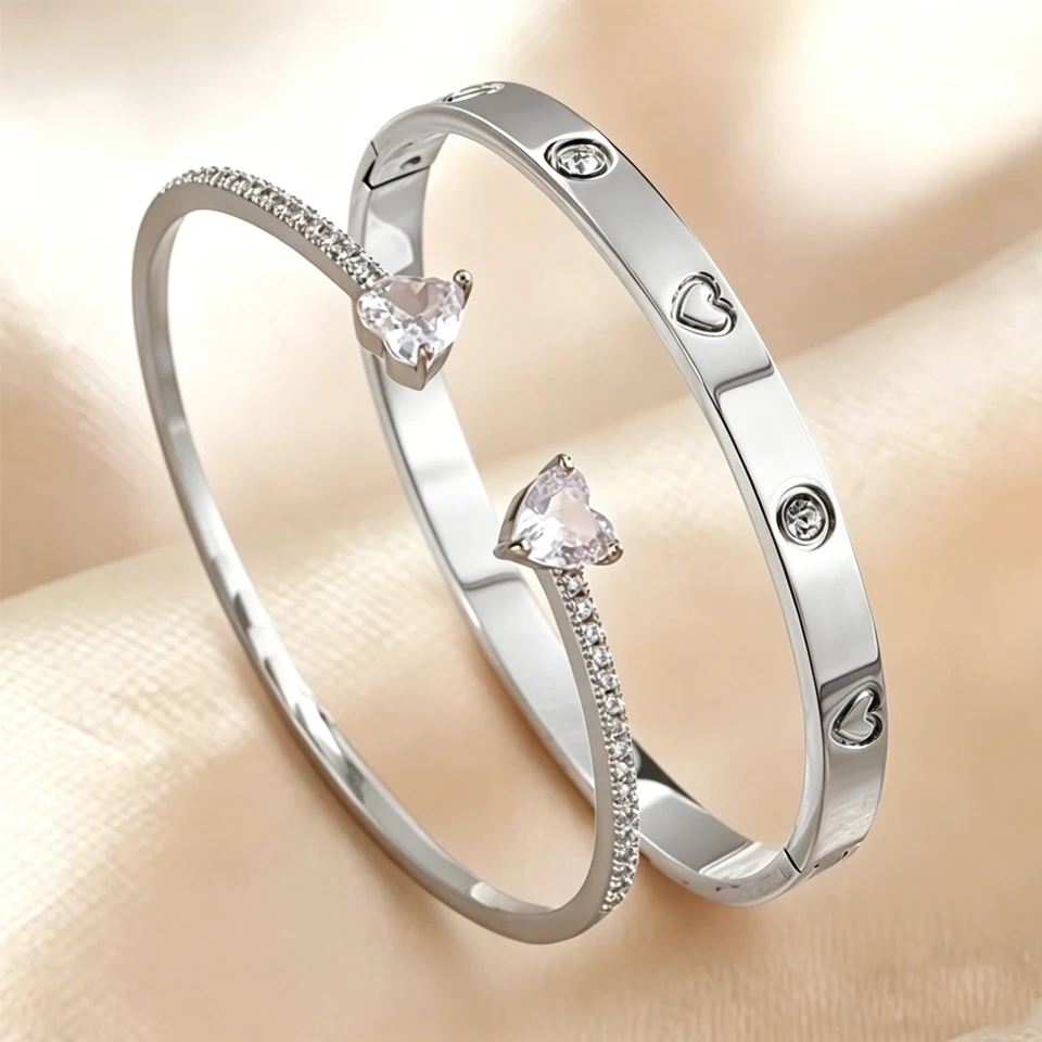 Yupsk 2/1pcs Simple Fashion Double Heart Zirconia Cuff Bracelet for Women Sparkling Zircon Open Bangles Exquisite Jewelry Gift 2