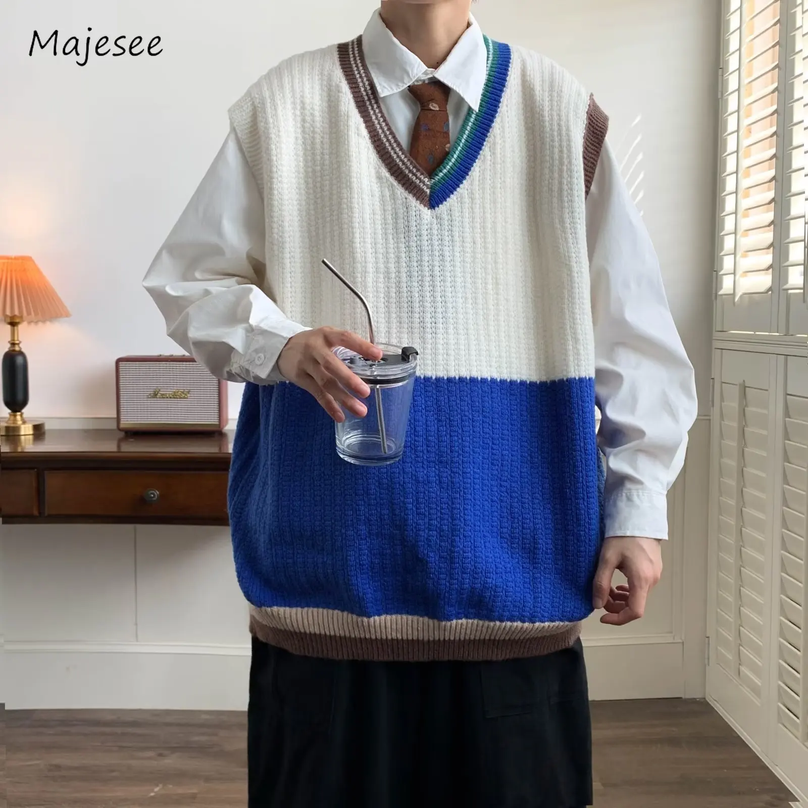 Panelled Vests Men Japanese Preppy Style Streetwear Harajuku Asymmetric Solid Retro V-neck Baggy Popular Advanced Hipster Cozy
