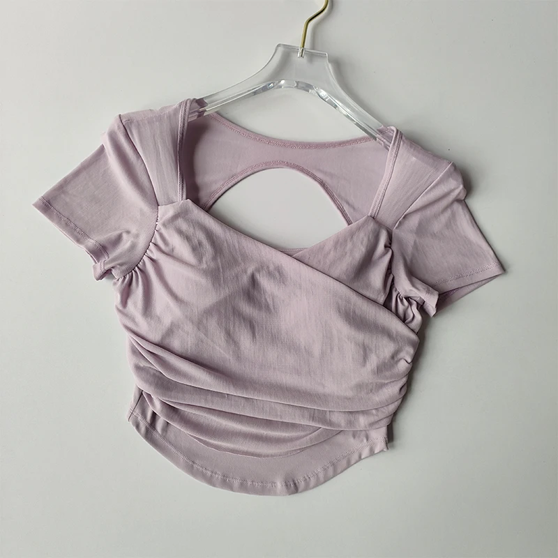 Advanced French Mesh Yoga Suit for Women's Top Pilates Short Sleeved Sportswear with Chest Pad Fitness T-shirt Short Style