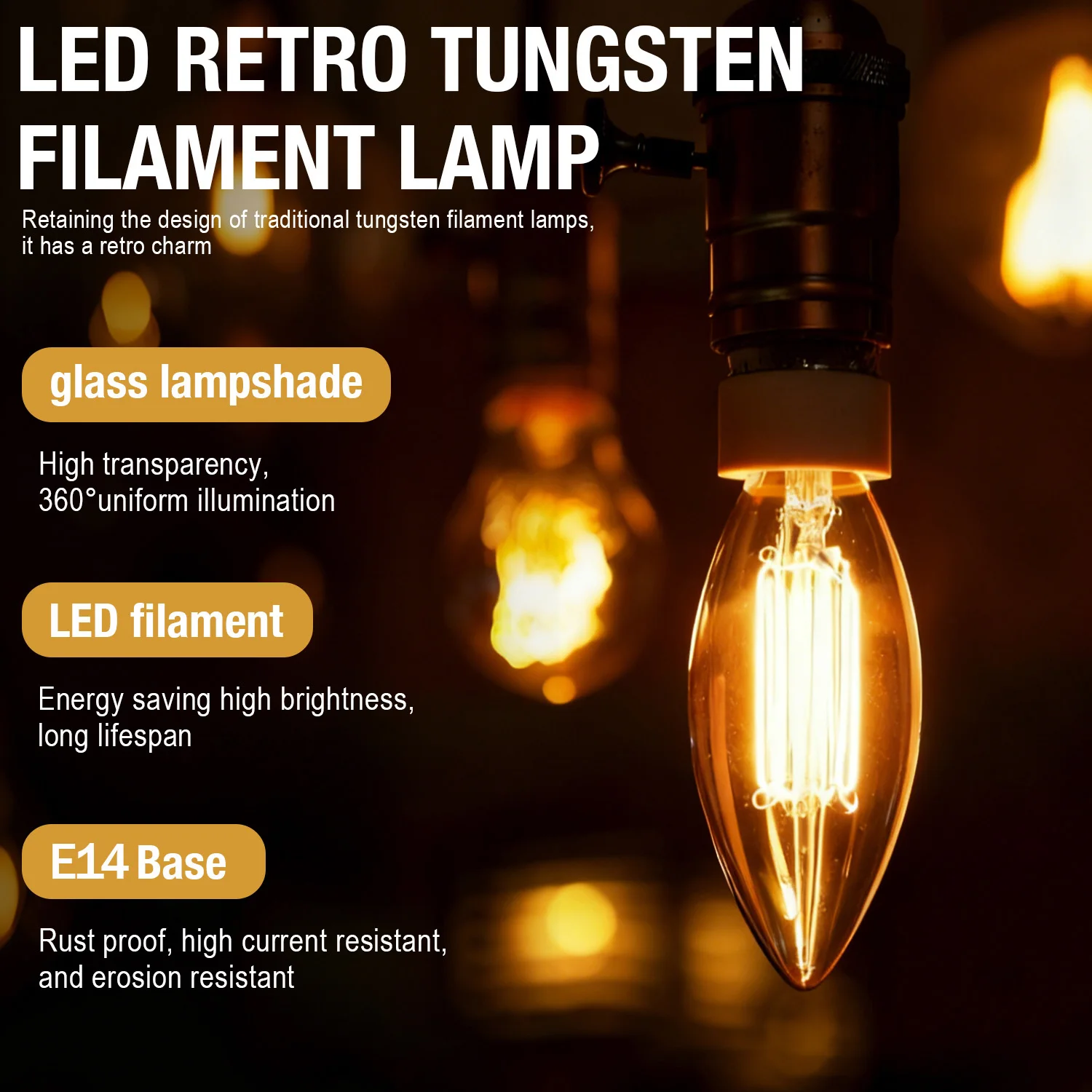 C35 Amber Candle Edison LED Filament Bulbs E14 3W 1800K