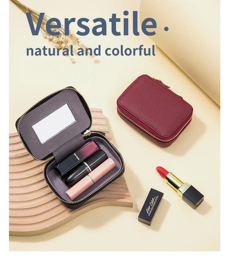 Lipsticks Case with Built-In Mirror Mini Cosmetic Bag Zipper Makeup Organizer Coin Pouch Travel Contact Lens Case Lipstick Purse