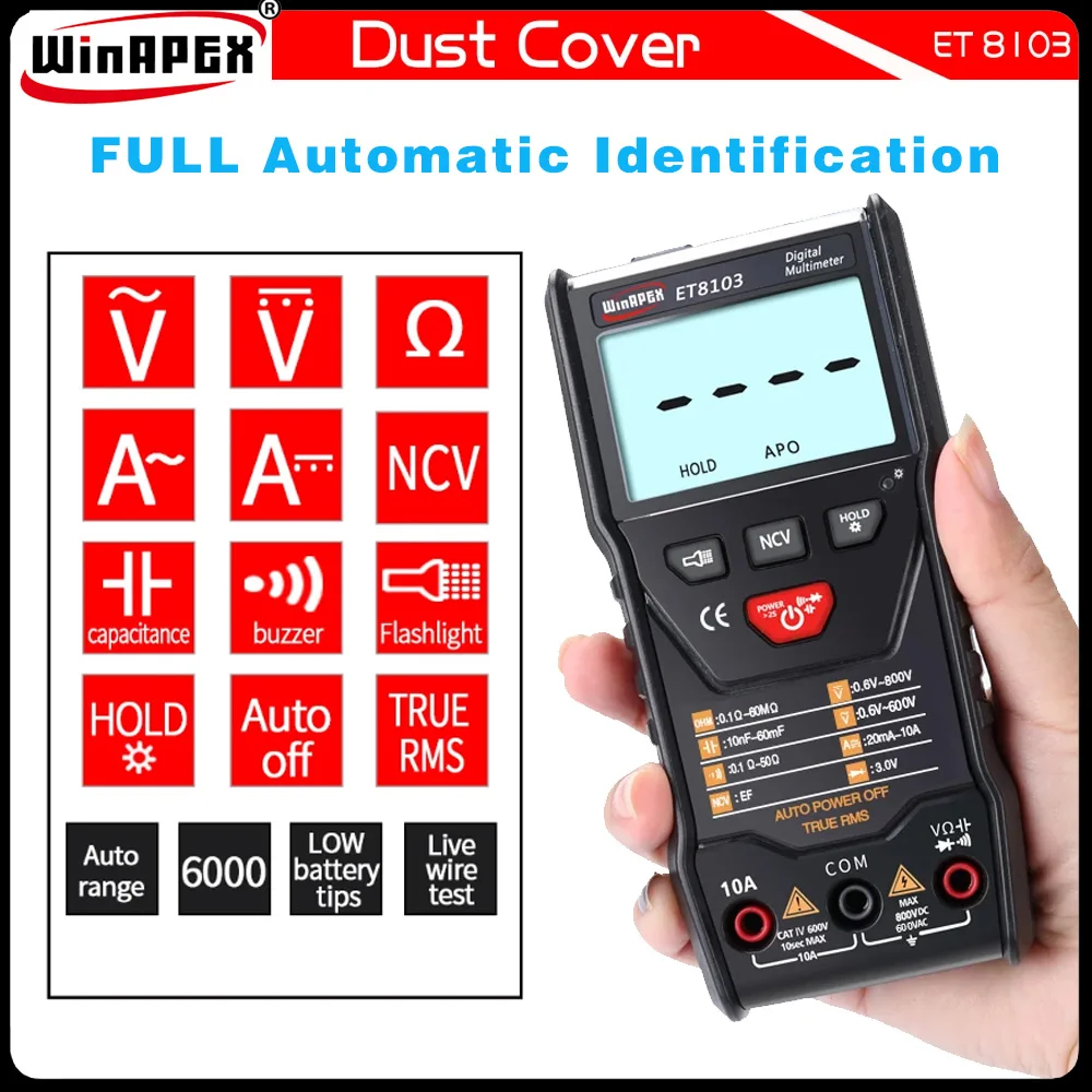 

WINAPEX ET8103, 6000 отсчетов, дисплей, цифровой мультиметр, автоматический фотоамперметр, Омметр для начинающих