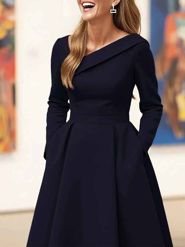 فستان متوسط الطول بياقة غير متماثلة باللون الأخضر...