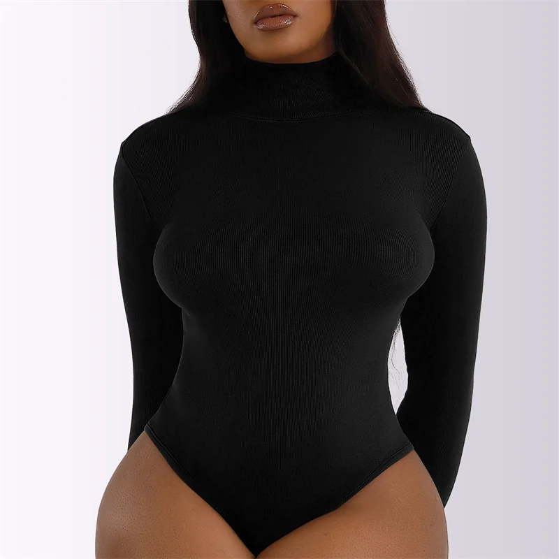 Women Black Long Sleeve Bodysuit Autumn Winter Turtleneck