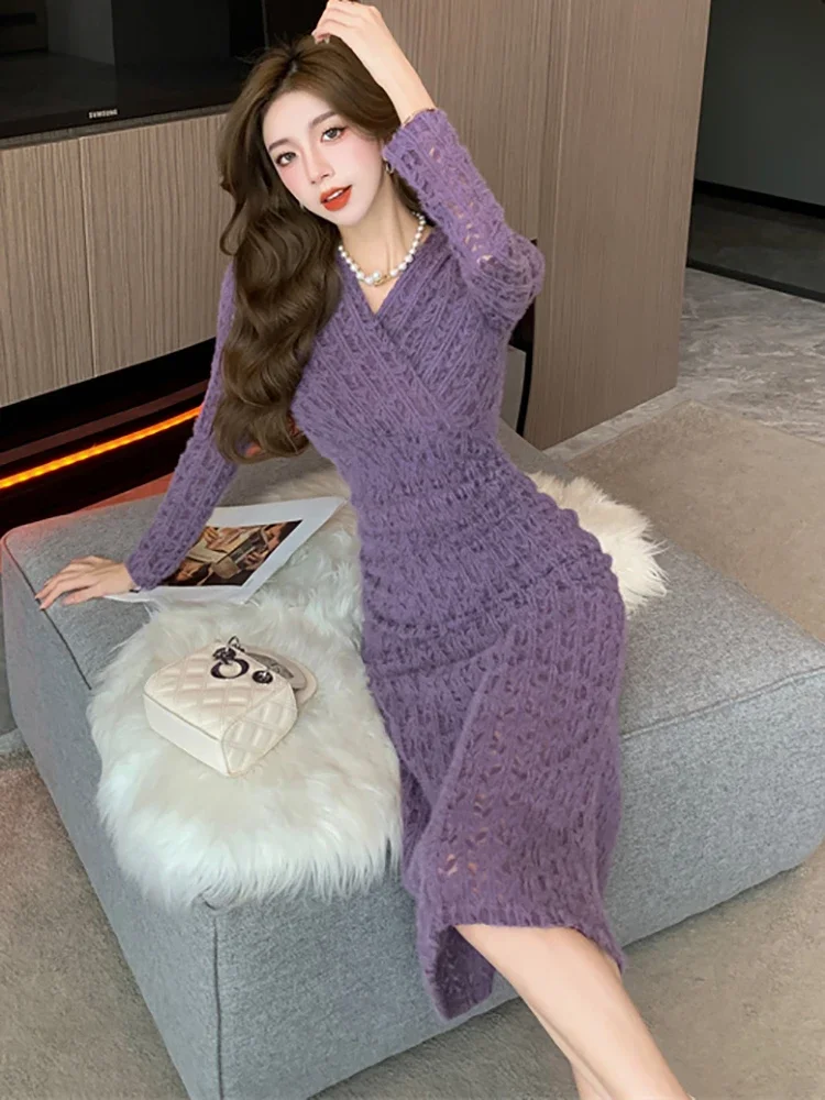 Robe Qipao Midi Violet Fleurie - Manches Longues, Style Rétro, Matière Polyester