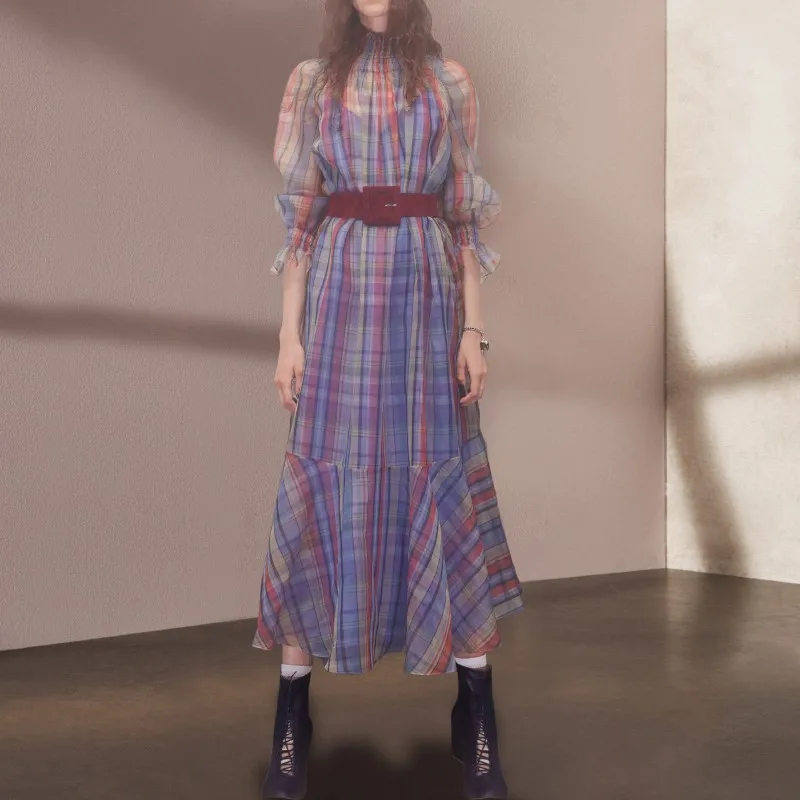 

Vintage Purple Plaid Long Dresses for Women 2022 Summer Elegant Ruffles Pleated Maxi Dress Chiffon Vestidos De Mujer