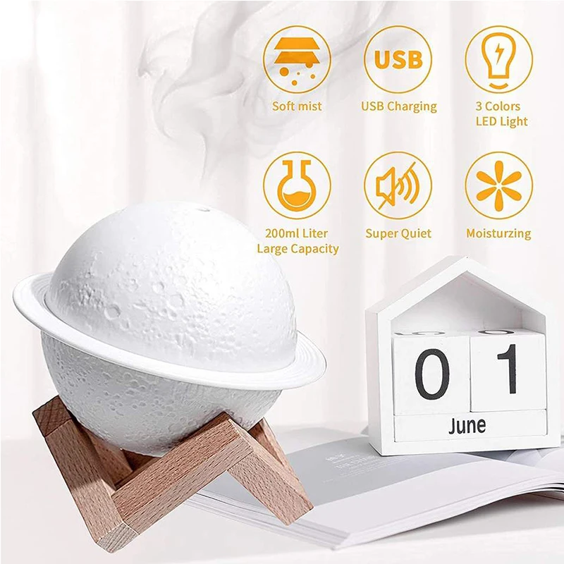 200Ml Round Planet Colorful Cold Mist Large Portable Mini Wood Stand Usb Desktop Moon Lamp Humidifier With 3 Colors Night Light