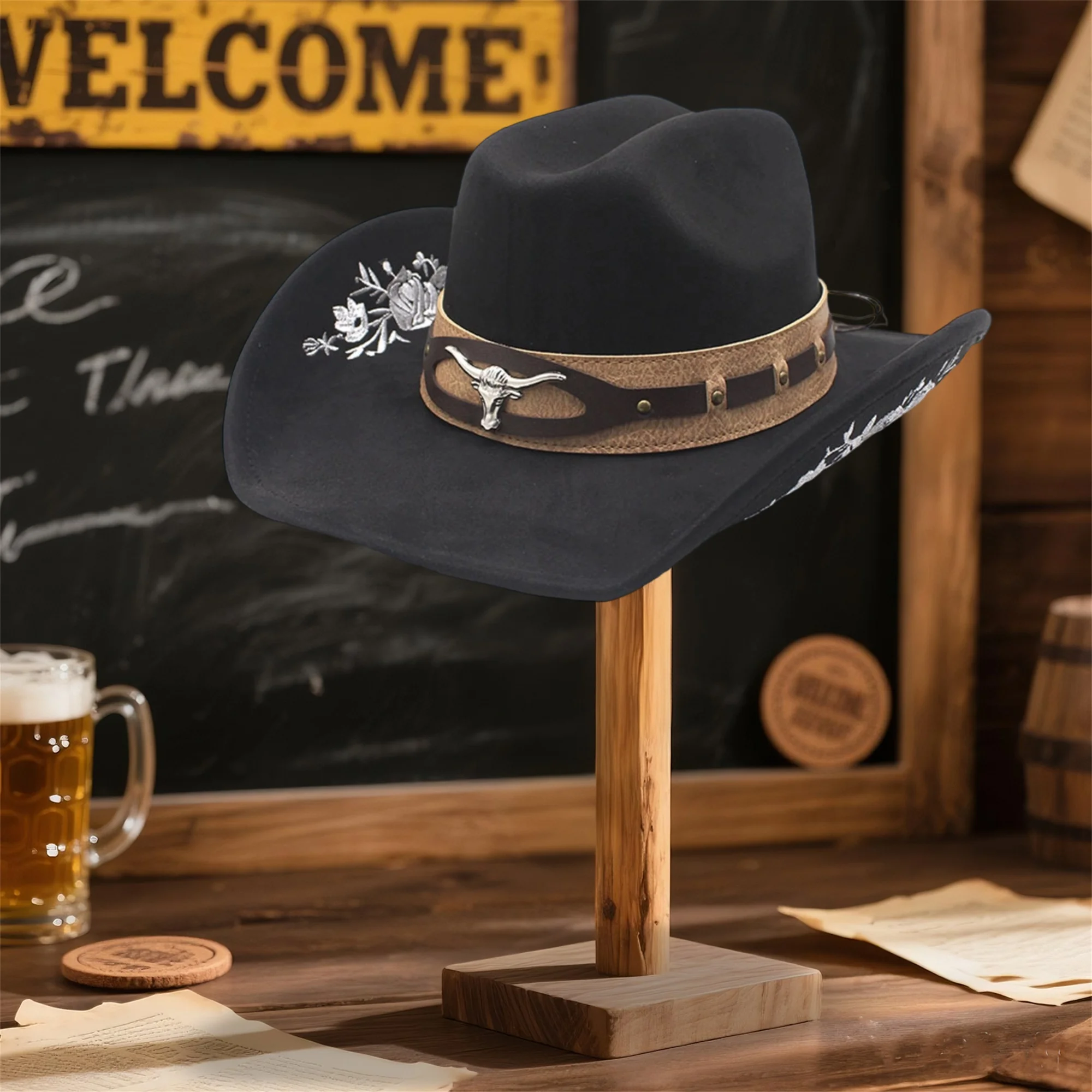 Vintage Leather Cowboy Hat with Concho Band and Feather Detail for Women Men Wide Brim Western Cap for Rodeo and Music Festival