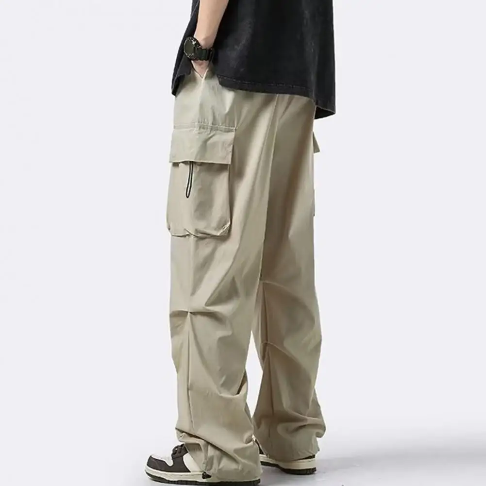 

Men Straight Leg Pants Versatile Men's Cargo Pants with Multiple Pockets Elastic Waist Drawstring Detail for Daily Wear