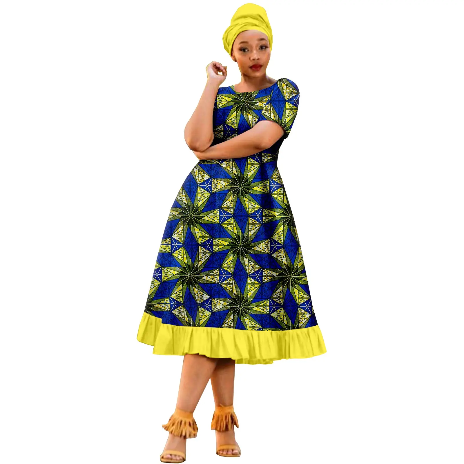 African Dashiki Dress For Women With Matching Headwrap - Floral Print Cotton Dress, Plus Size, Party & Cultural Wear