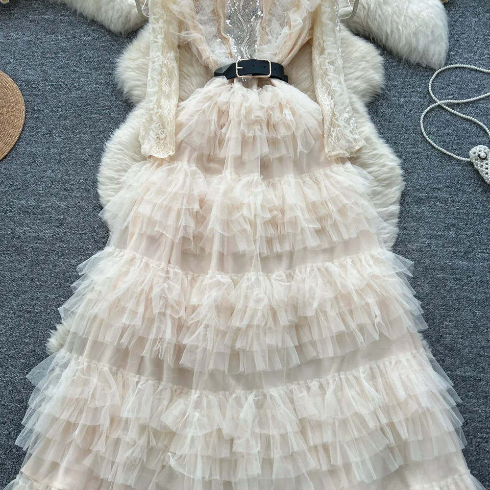 Elegant Embroidered Sequins Long Dresses Autumn Women Layer Ruffles Cake Full Sleeve Evening Party Vestidos Mesh Tulle Long Robe
