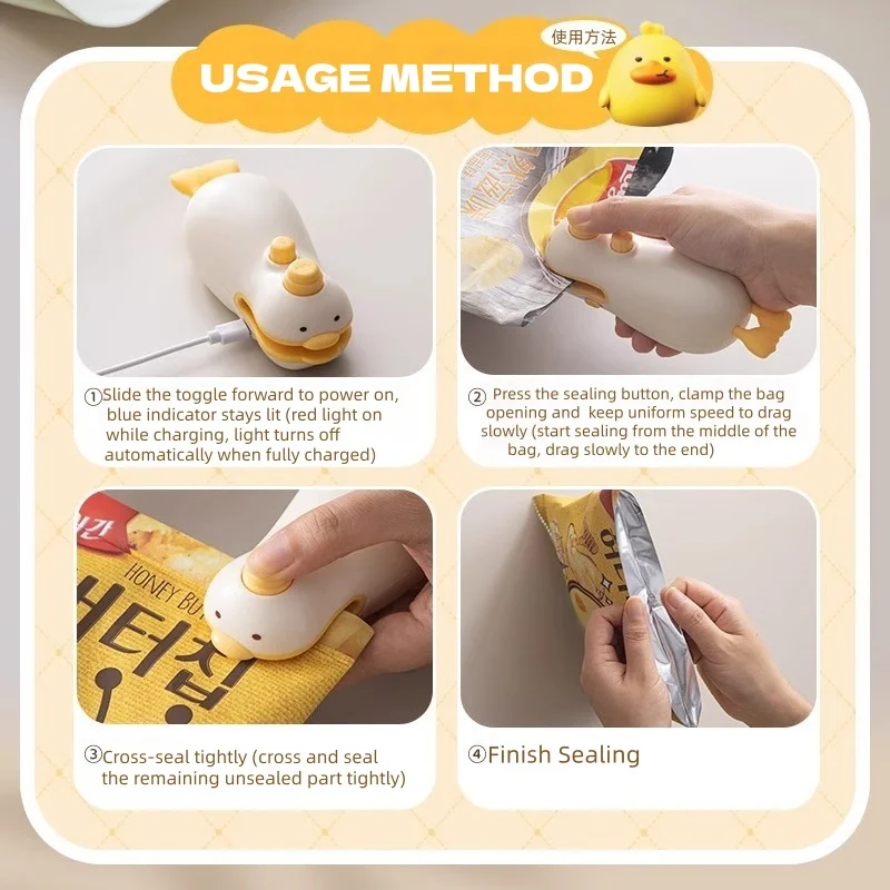 Cute Duck Rechargeable Handheld Sealer, ABS Silicone 400mAh Portable Seal Cutter for Snack Spice Pet Food Fruit Bags 4