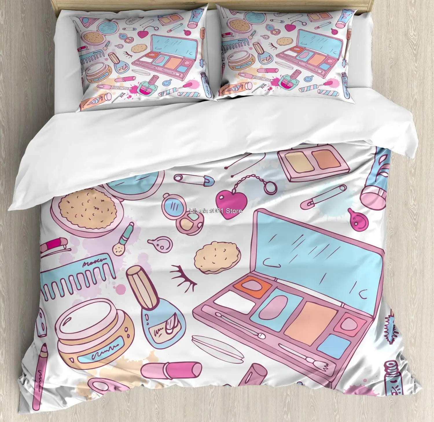 

Makeup Duvet Cover Set Multiple Womens Makeup Products Illustration Cosmetics Beauty and Glamour Concept Decorative 3 Piece Bed