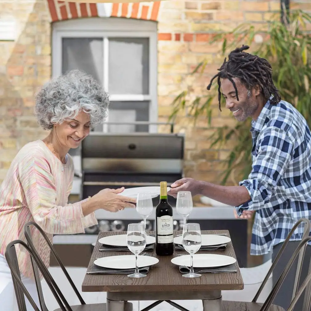 Rectangle Outdoor Dining Table Metal Kitchen Table Wood Top Metal Base Bronze