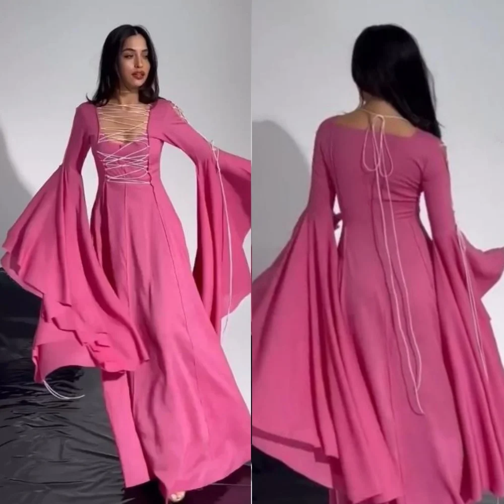 Jiayigong  Jersey Ruched Beach A-line Square Neck Bespoke Occasion Gown Long Sleeve Dresses Saudi Arabia