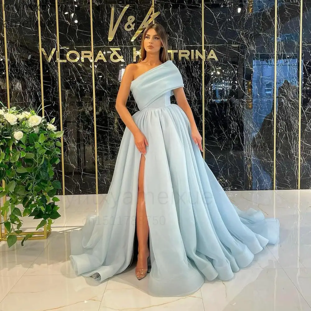 

Sexy Pink One Shoulder Prom Party Gowns High Slit A Line Evening Dress Plus Size Formal Women Special Occasion Dresses 2022