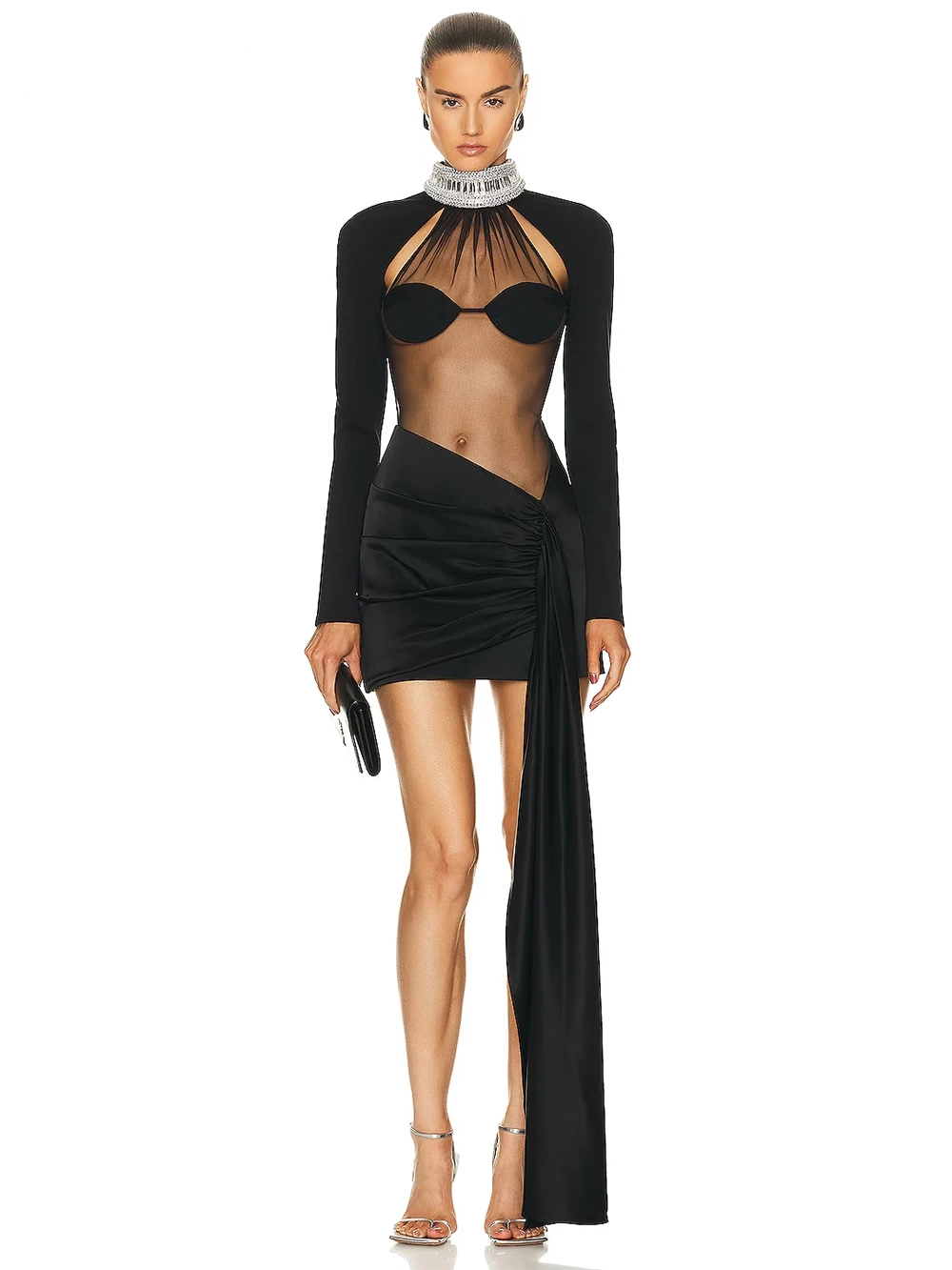 

2023 Autumn New Women's Sexy Black Long Sleeve O-Neck Diamond Mesh Patchwork Perspective Draping Mini Dress Bodycon Party Dress