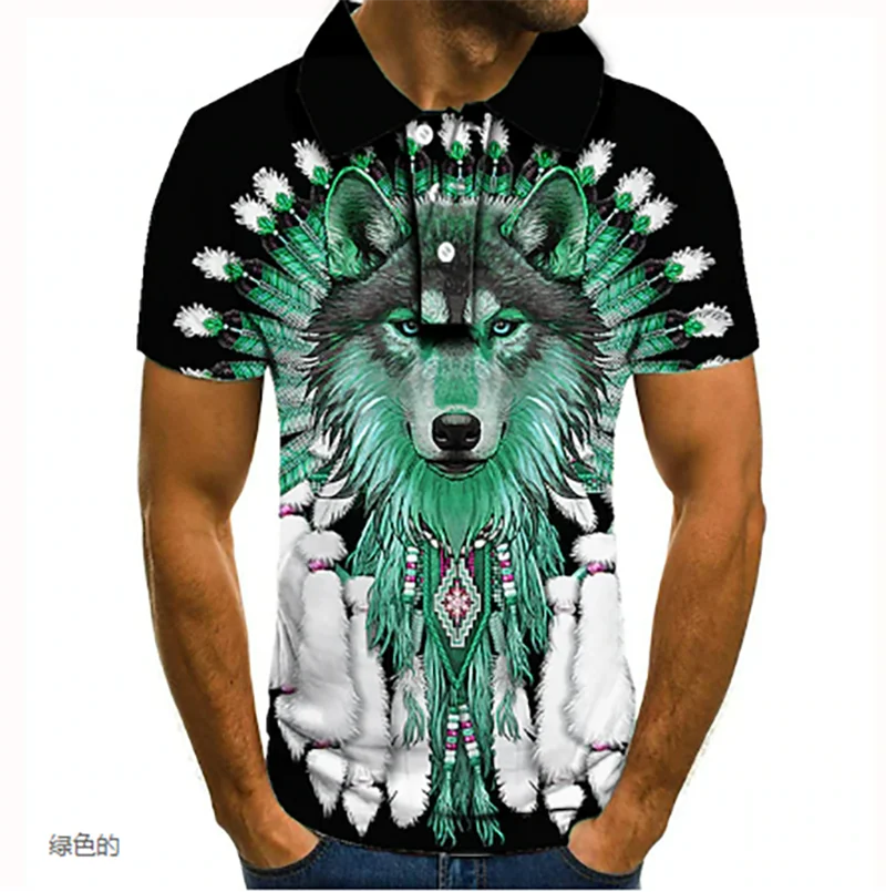 Description Picture 5 of itemMen's Polo Shirt Tennis Shirt Golf Shirt Wolf Pattern Printed Collar Black Red Blue Green 3D Printed
