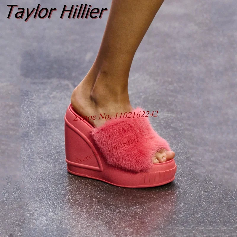 

New Mink Fur Wedge Thick-Soled Slippers Genuine Leather Round Head High All-Match Women'S Shoes Sexy Fashion Sandals Summer 2023