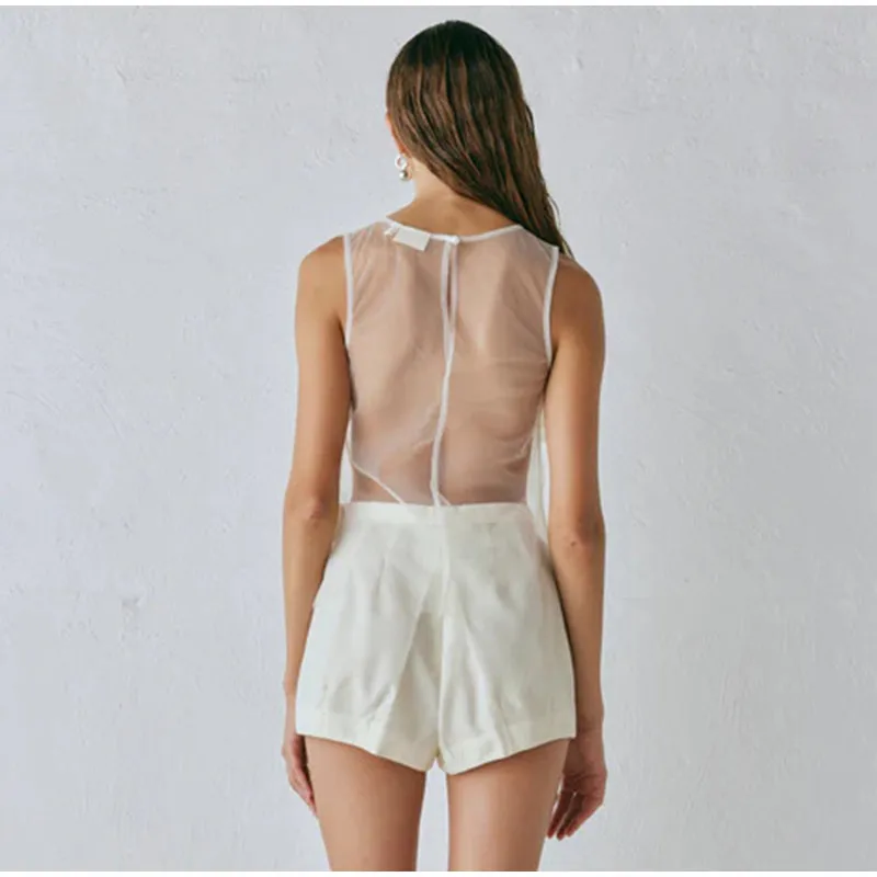 Sexy Mesh Hollow Out Vests Women Vintage 3D Flowers Sleeveless Solid Smock Vest Top Female Spring Elegant Chic Street Tops