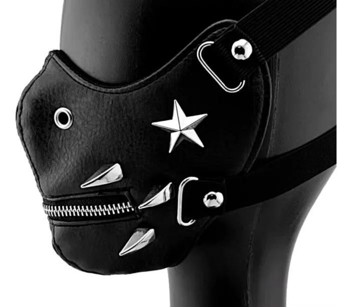 Men Women's Black PU Leather Star Rivet Zipper Rock Mask Lady's Breathable Party Cosplay Halloween Mouth-muffle R1404