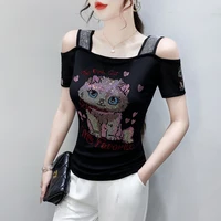 New European Clothes Ladies T-Shirt Fashion Sexy Off Shoulder Shiny Cartoon Mesh Diamond Tops Summer Short Sleeve Women Tees - Image 4