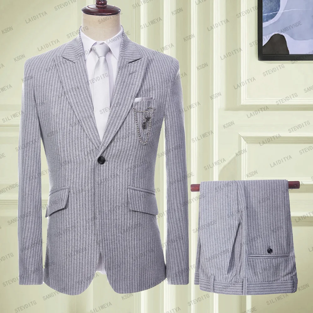 

2023 Light Grey Stripe Men Suits 2 Pieces Set Slim Fit Formal Office Wedding Groom Tuxedo Tailcoat For Male Fashion Cloth