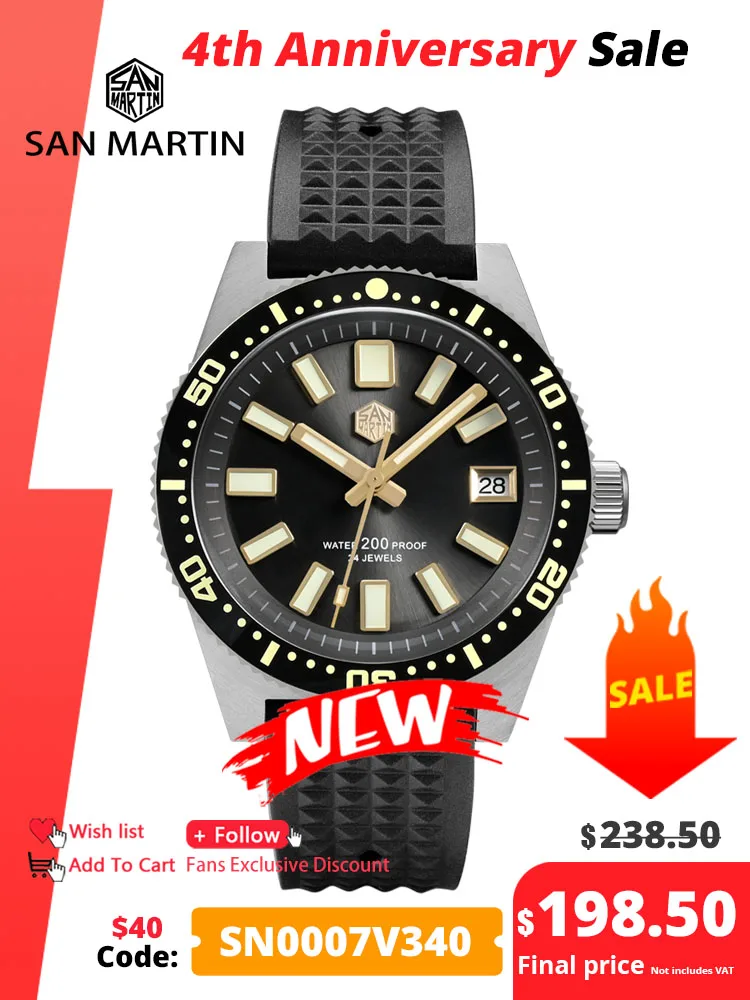 San Martin 40Mm 62Mas V3 Orologio Subacqueo Per Uomo Kanagawa Surf Dial Nh35 Automatico Meccanico 20Bar Cinturino In Gomma Completamente Luminoso