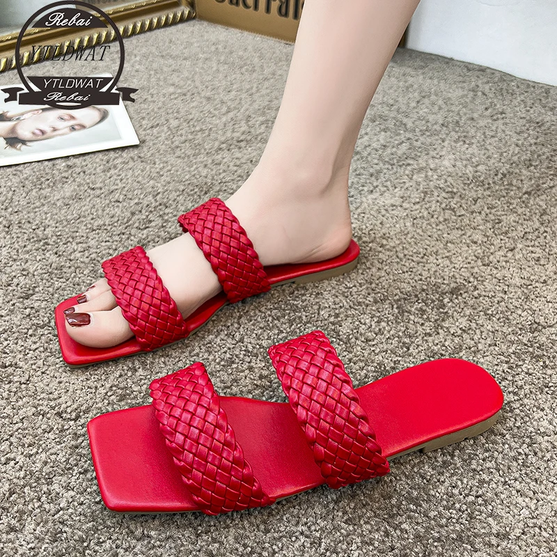 

Women Flip Flops Summer Slippers Ladies Square Toe Sandals Slipper Casual Beach Weave Flat Shoes Female Slip On Shoe Sandalias