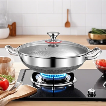 32cm Non-Stick Frying Pan Wok Soup pot with lid Stainless Steel Steak Skillet Home Induction Cooker Gas Stove kitchen Cookware
